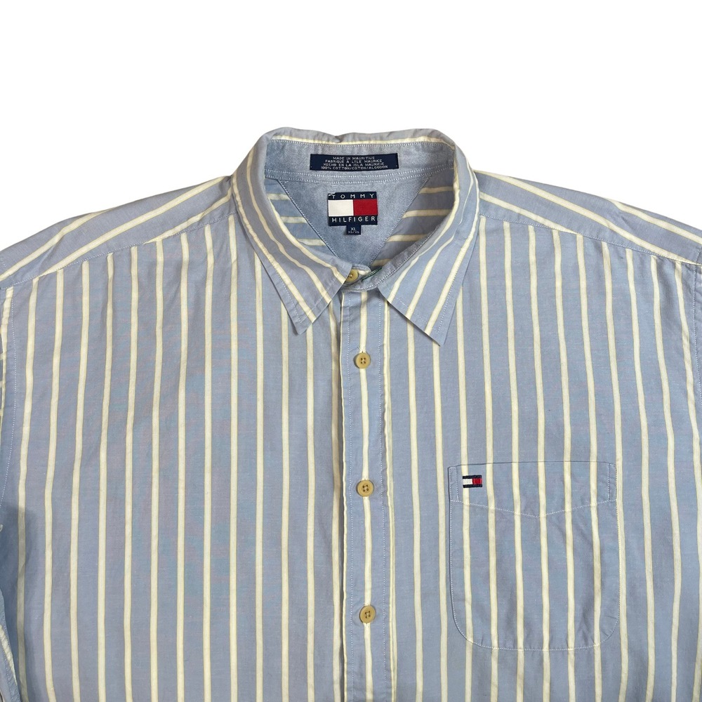 Tommy Hilfiger Mens Button Down Shirt XL Blue White Stripe Pocket Logo Casual - Picture 6 of 12